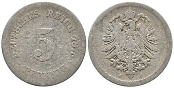 ГЕРМАНИЯ 5 ПФЕННИГОВ 1875 J, СТАРОГЕРБОВКА KM 3, J. 3 медно-никель 39-324