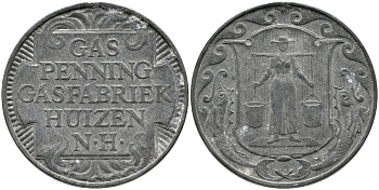 НИДЕРЛАНДЫ ЖЕТОН ND ХЁЙЗЕН ГАЗ ПФЕННИГ, ГАЗОВАЯ ФАБРИКА HUIZEN N.H., ДИАМЕТР 23,5 ММ. цинк 65-1053