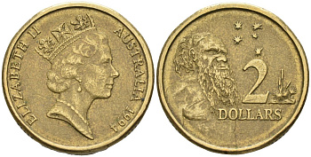 Австралия 2 доллара 1994 абориген, Елизавета II (1953-) KM 101 алюминиевая бронза 4126-1054