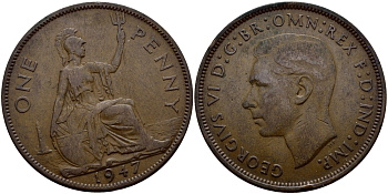 Великобритания 1 пенни 1947 Георг VI (1936-1952) KM 845, Spink 4114 бронза 4380-613