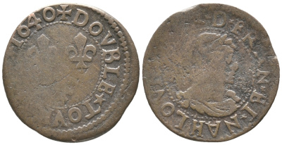 ФРАНЦИЯ ДВОЙНОЙ ТУРНУА 1640 ЛЮДОВИК XIII (1610-1643) KM 86 медь 100-1154