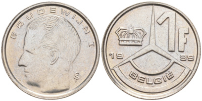 БЕЛЬГИЯ 1 ФРАНК 1989 BELGIE KM 171 железо плакированное никелем 187-932