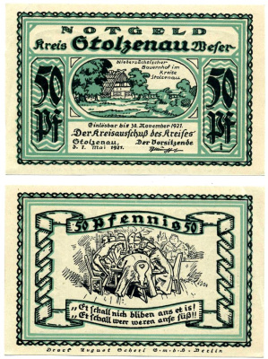 Штольценау 50 пфеннигов 1921 1 мая 1921 - 30 ноября 1921, нотгельд, земля Нижняя Саксония Grabowski 1276.2 бумага 2195-15-3-2