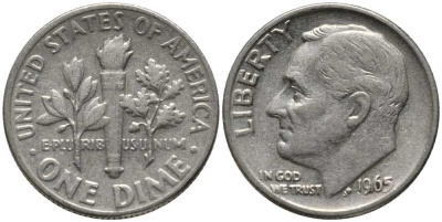 США 10 ЦЕНТОВ = 1 ДАЙМ 1965 РУЗВЕЛЬТ KM 195а медь плакированная медно-никелем 112-655