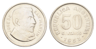 Аргентина 50 сентаво 1953 генерал Хосе де Сан Мартин KM 49 сталь плакированная никелем UNC 4662-717