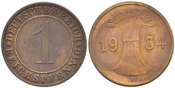 ГЕРМАНИЯ 1 РЕЙХСПФЕННИГ 1934 F KM 37, J. 313, Weege 2 бронза 206-846