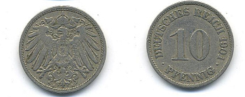 ГЕРМАНИЯ 10 ПФЕННИГОВ 1901 A KM 12, J. 13 медно-никель 58-236