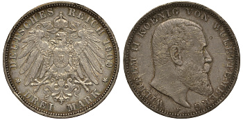 Вюртемберг 3 марки 1909 F, Вильгельм II (1891-1918) Weege 171, J.175, KM 635 серебро 413-721