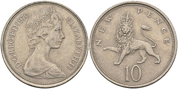 Великобритания 10 пенсов 1970 Елизавета II (1952-2022) KM 912, Spink 4231 (F1) медно-никель 4587-923