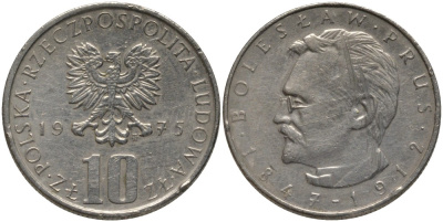 Польша 10 злотых 1975 MW, Болеслав Прус KM 73, Parchimowicz 242a медно-никель 186-1241