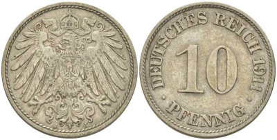 ГЕРМАНИЯ 10 ПФЕННИГОВ 1911 J KM 12, J. 13, Weege 8 медно-никель 212-144