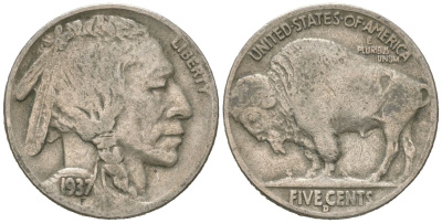 США 5 центов 1937 D, индеец, бизон KM 134 медно-никель 4602-814