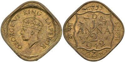 Британская Индия 1/2 анна 1942 Георг VI (1936-1952) KM 534b никель-латунь UNC 94-845