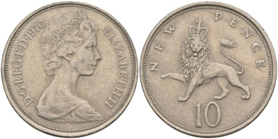 Великобритания 10 пенсов 1970 Елизавета II (1952-2022) KM 912, Spink 4231 (F1) медно-никель 4587-923