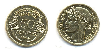 Французская Западная Африка 50 сантимов 1944 редкая KM 1, Lec 1 алюминиевая бронза aUNC 53-1122