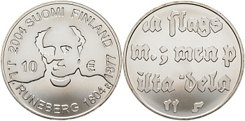 Финляндия 10 евро 2004 200 лет со дня рождения Йохана Людвига Рунеберга, поэт KM 115 серебро  UNC 11-114-21
