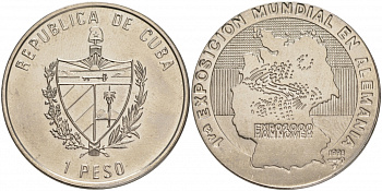 Куба 1 песо 1998 серия история мировых выставок, Ганновер 2000, карта Германии KM 103 никелированная сталь UNC M28-20