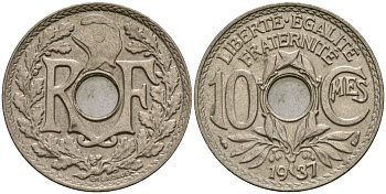 Франция 10 сантимов 1937 KM 866a медно-никель 51-2836