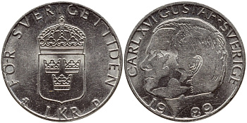 Швеция 1 крона 1989 Карл XVI Густав (1973- ) KM 852a медно-никель 4398-1157