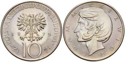 Польша 10 злотых 1975 MW, Адам Мицкевич (1798-1855) KM 74, Parchimowicz 242a медно-никель UNC  4601-1112