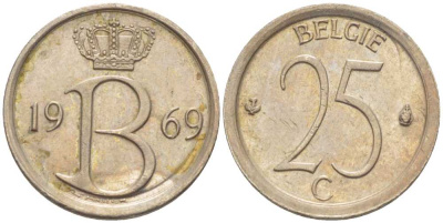 Бельгия 25 сантимов 1969 Belgie, Бодуэн I (1951-1993) KM 154.1 медно-никель 201-1255