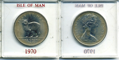 Остров Мэн 1 крона 1970 кошка Мэна, в оригинальной пластиковой коробке KM 18 медно-никель UNC 6-6-1-36