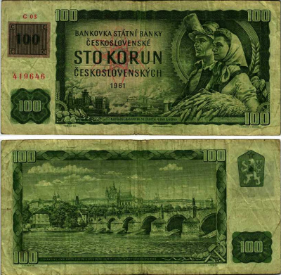 Чехия 100 крон 1961 (1993) рабочий и крестьянка, серия G, наклейка Чехии на 100 кронах 1961 Pick 1 k бумага 7219-44-3