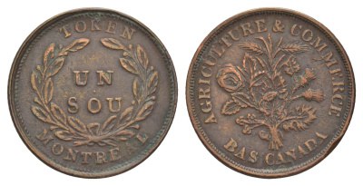 Нижняя Канада, Монреаль 1 су ND (1835-1838) Сельское хозяйство и торговля медь 413-2225