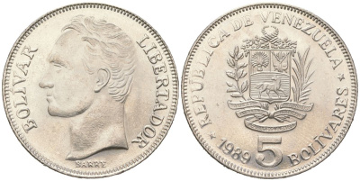 Венесуэла 5 боливаров 1989 KM 59.а2 сталь плакированная никелем 4364-3814