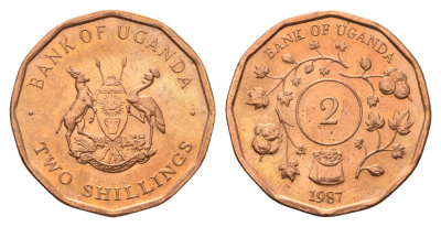 Уганда 2 шиллинга 1987 KM 28 сталь плакированная медью UNC 4513-742
