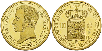 Нидерланды медаль ND 10 гульденов 1828, Виллем король Нидерландов, официальная реплика, диаметр 26 мм., вес 9,97 гр., позолота  серебро  PROOF  1087-9-15