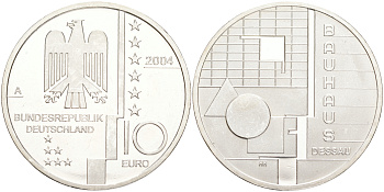 ФРГ 10 евро 2004 A, Баухауз в Дессау, геометрия KM 230, DE.S 10.13 серебро UNC 107-1225