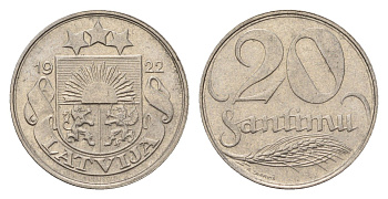 Латвия 20 сантимов 1922 год-тип KM 5 никель 4655-614