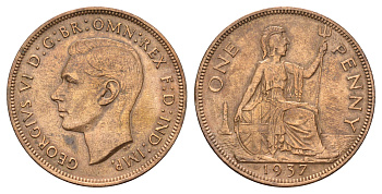 Великобритания 1 пенни 1937 Георг VI (1936-1952) KM 845, Spink 4114 бронза 4120-844