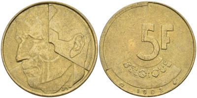Бельгия 5 франков 1992 Belgique KM 163 латунь алюминиевая бронза    4592-1231