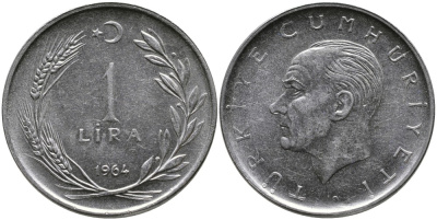Турция 1 лира 1964 Мустафа Кемаль Ататюрк KM 889а.1 нержавеющая сталь 4541-1231