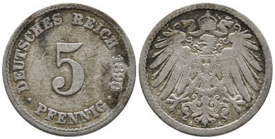 ГЕРМАНИЯ 5 ПФЕННИГОВ 1890 A KM 11, J. 12 медно-никель 39-624