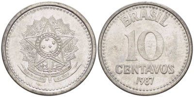 БРАЗИЛИЯ 10 СЕНТАВО 1987 РЕФОРМА 1986-1989 KM 602 нержавеющая сталь 100-1047