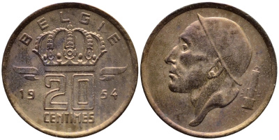 Бельгия 20 сантимов 1954 Belgie, Бодуэн I (1951-1993) KM 147.1 бронза 4392-855