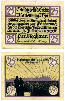 Мариенбург 25 пфеннигов 1920 11 июля 1920, нотгельд, земля Померания Grabowski 870.1 бумага 2195-47-1-1