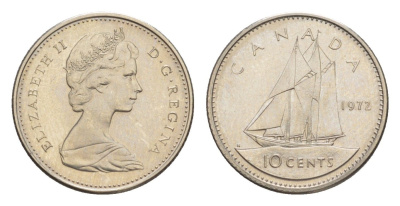 Канада 10 центов 1972 Елизавета II (1952-2022), парусник KM 77 никель UNC 4639-626