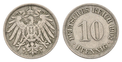 Германия 10 пфеннигов 1902 F, Вильгельм II (1888-1918) KM 12, J. 13 медно-никель 4636-842