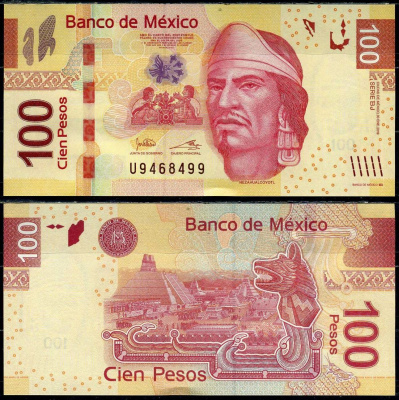 Мексика 100 песо 2019 Несауалькойотль, индейцы, Руины Теночтитлана, серия BJ Pick 124 bj бумага UNC (пресс) 7484-1-2-2
