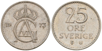 Швеция 25 эре 1973 Густав VI Адольф (1950-1973) KM 836 медно-никель 4602-313