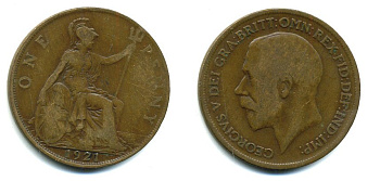 Великобритания 1 пенни 1921 Георг V (1910-1936) KM 810, Spink 4051 бронза 41-443