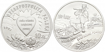 Польша 10 злотых 2003 MW, 10 лет Рождественскому оркестру KM 453 серебро PROOF 1087-5-61