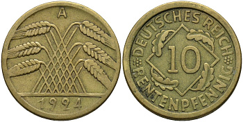 Германия 10 рентенпфеннигов 1924 A KM 33 алюминиевая бронза 4163-752