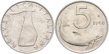 Италия 5 лир 1998 R, дельфин KM 92 алюминий  UNC  4594-813