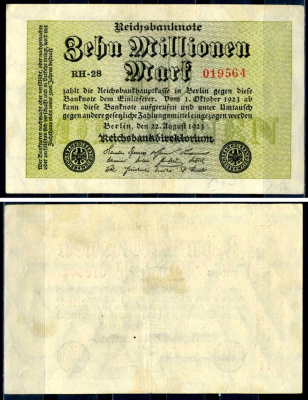 Германия 10000000 марок 1923 22 августа 1923, серия RH Pick 106 a бумага 7552-52-3-2