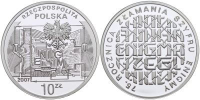 Польша 10 злотых 2007 MW, 75 годовщина взлома Энигмы, тираж 55000 экземпляров KM 587 серебро  PROOF  11-132-41